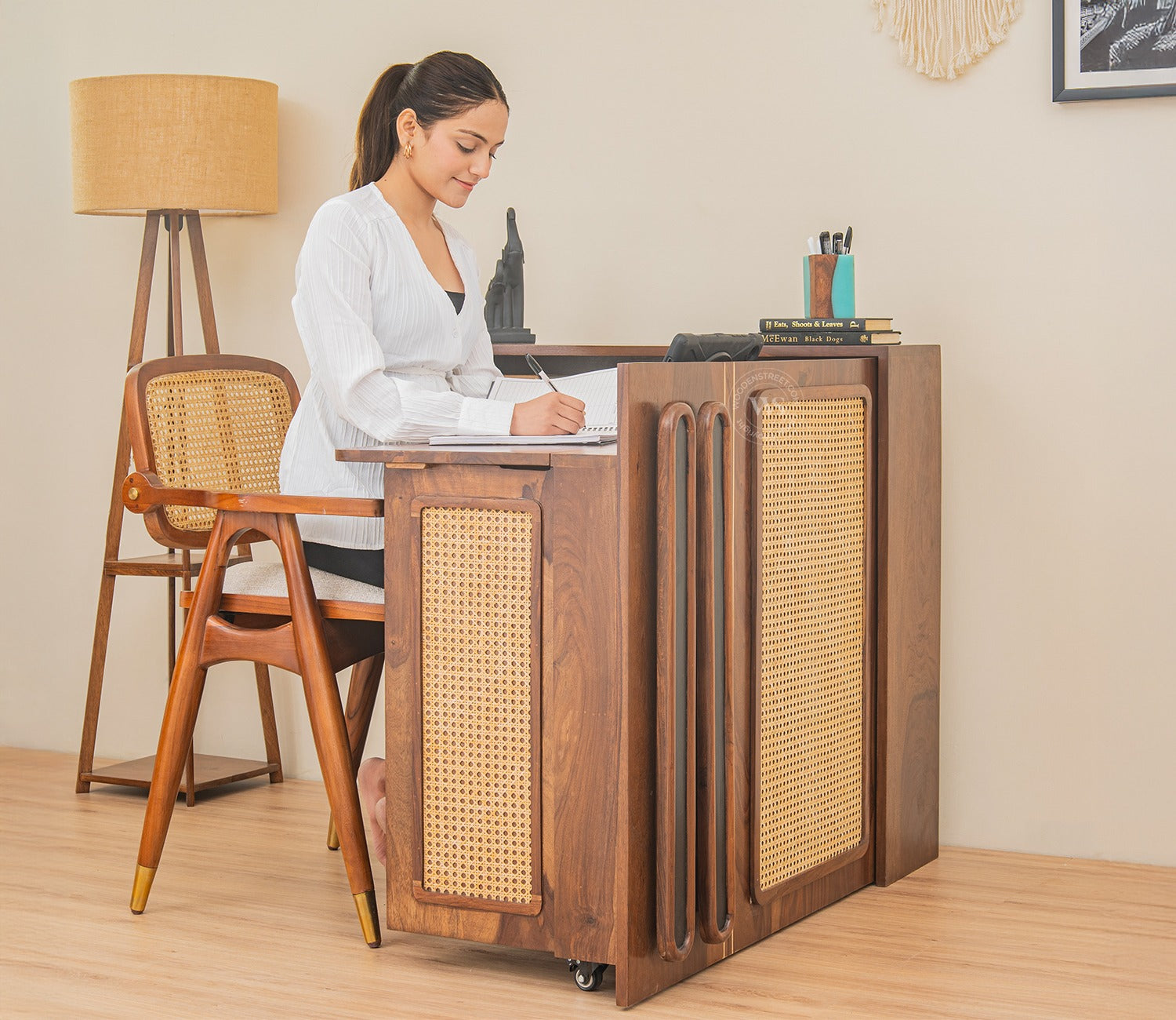 Vitara Premium Solid Wood Convertible Study Table With Hidden Storage, Cane & Brass Accents (Sheesham Wood, Teak Finish)