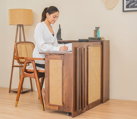 Vitara Premium Solid Wood Convertible Study Table With Hidden Storage, Cane & Brass Accents (Sheesham Wood, Teak Finish)