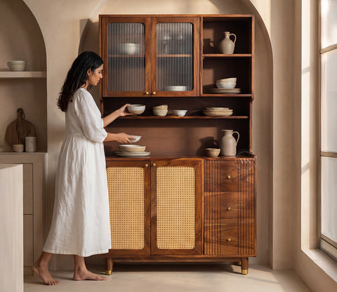 Tripti Classic Kitchen Cabinet with Fluted Glass, Cane Weave & Brass Knobs (Teak Finish)