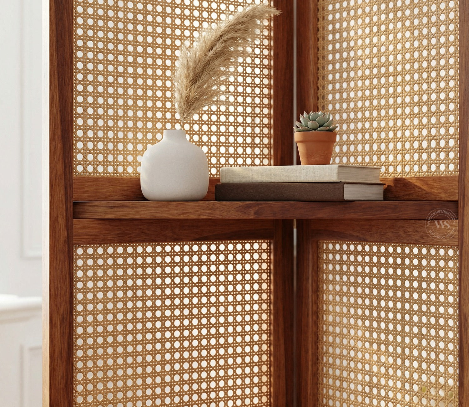 Aakaar Sheesham Wood Foldable Room Divider with Cane Weave & Open Shelves - 5 Panel Partition Screen
