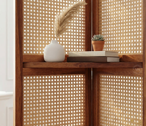 Aakaar Sheesham Wood Foldable Room Divider with Cane Weave & Open Shelves - 5 Panel Partition Screen