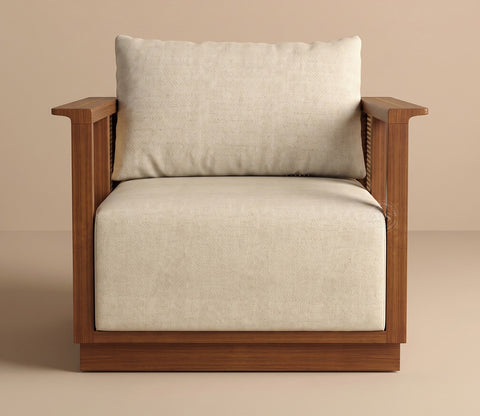 Varnik 1 Seater Ash Wood Sofa with Cane Accents (Teak Finish, Cottage Ivory)