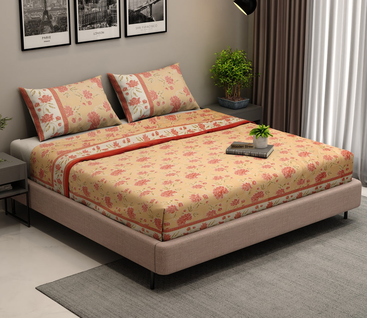 120 TC Imperial Blossoms Cotton Bedsheet King Size With 2 Pillow Cover (Peach)