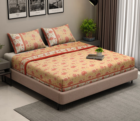 120 TC Imperial Blossoms Cotton Bedsheet King Size With 2 Pillow Cover (Peach)