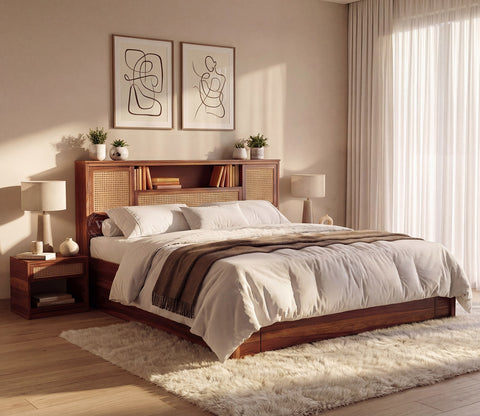 Ferguson Sheesham Wood Bed with Hydraulic Storage and Cane Detailing (King Size, Teak Finish)
