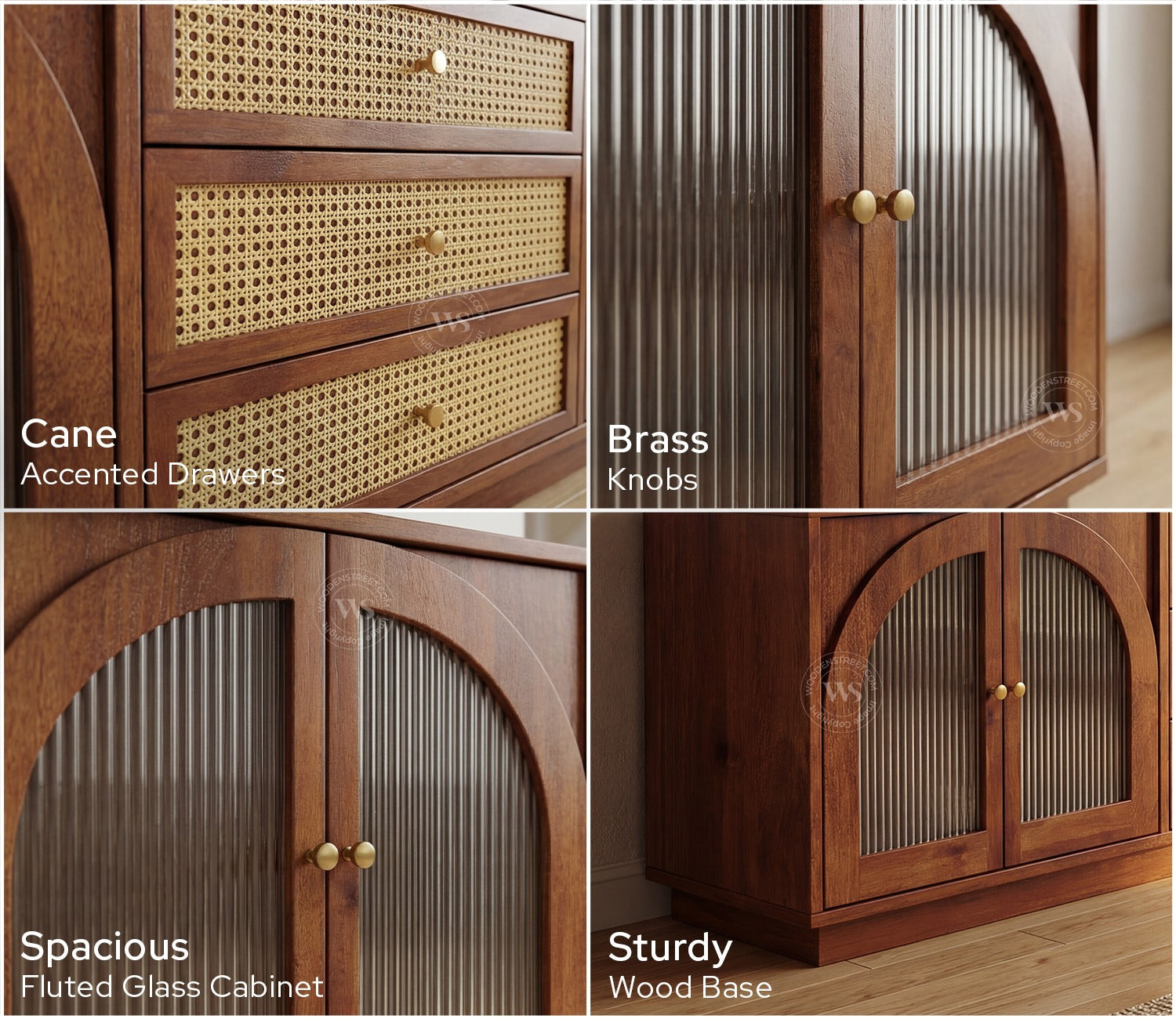Windsor Premium Mango Wood TV Unit with Fluted Glass Panel Door Cabinets, Cane Detailing (Teak Finish)