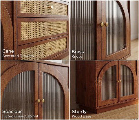 Windsor Premium Mango Wood TV Unit with Fluted Glass Panel Door Cabinets, Cane Detailing (Teak Finish)
