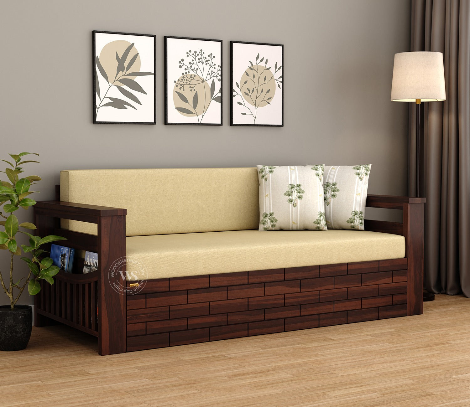 Sereta Sheesham Wood Sofa Cum Bed (Queen Size, Walnut Finish)