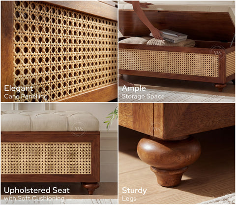 Rini Mango Wood Upholstered Bench with Cane Accent and Storage (Teak Finish, Cottage Ivory)