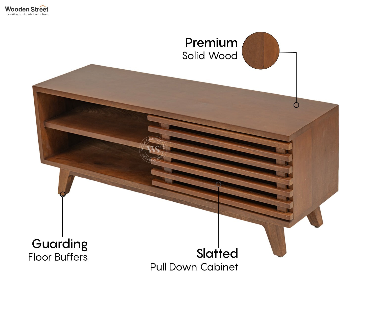 Axcel Mango Wood TV Unit with Pull-Down Drawer & Open Shelves (Teak Finish)