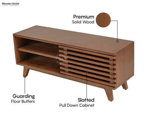 Axcel Mango Wood TV Unit with Pull-Down Drawer & Open Shelves (Teak Finish)