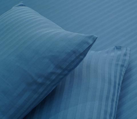 300 TC Pure Cotton Fitted King Size Bedsheet with Satin Stripe with 2 Pillow Covers (Blue)