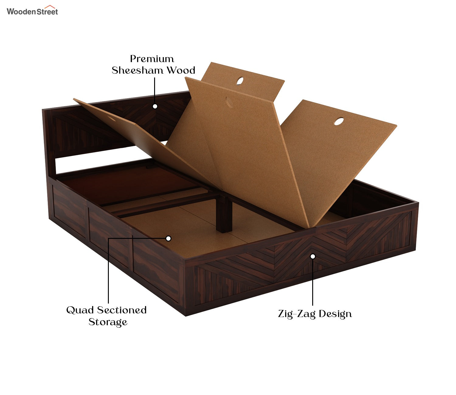 Fidora Sheesham Wood Bed With Box Storage (King Size, Walnut Finish)