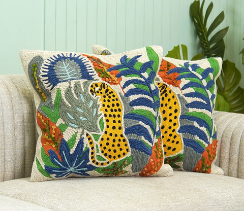 Leopard Printed Multicolor Cotton Hand Woven Set of 1 Cushion Cover (20 x 20 Inch)