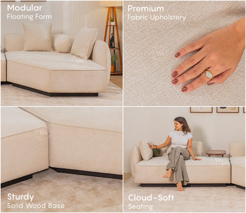 Float Premium Fabric Sectional Sofa with Movable Solid Wood Tray Table (Jade Ivory)