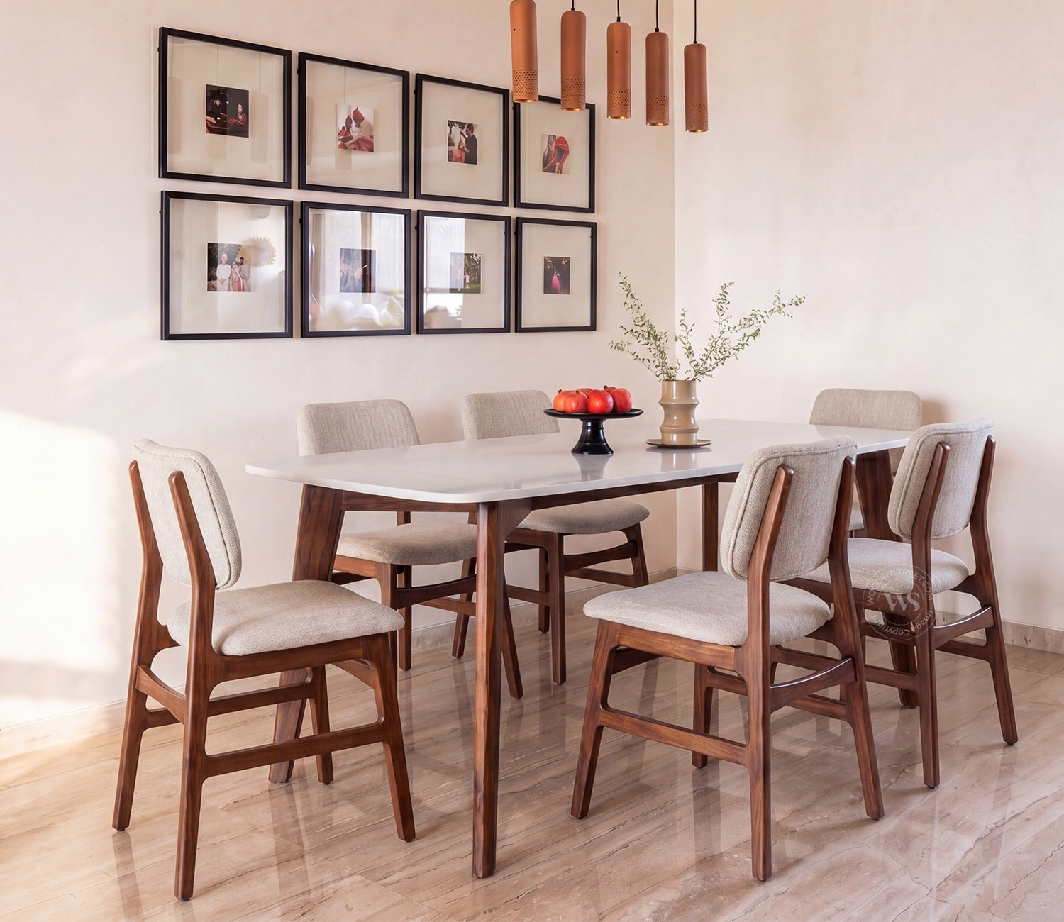 Vivara 6 Seater Dinining Set with Valence Quartz-Top Table and Vinara Upholstered Chair (Cottage Ivory)