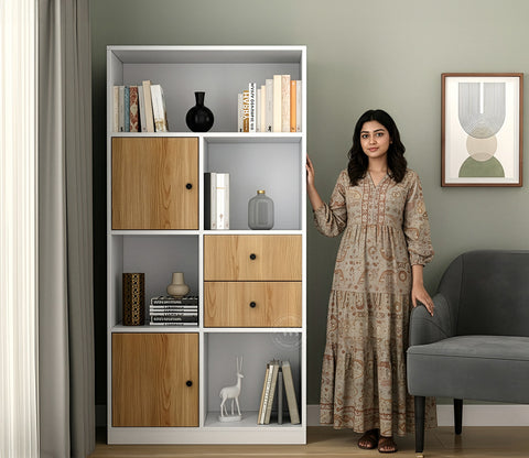 Sheldon Modern Bookshelf with Open & Closed Storage, Textured Fronts (Engineered Wood, Santana Pattern)