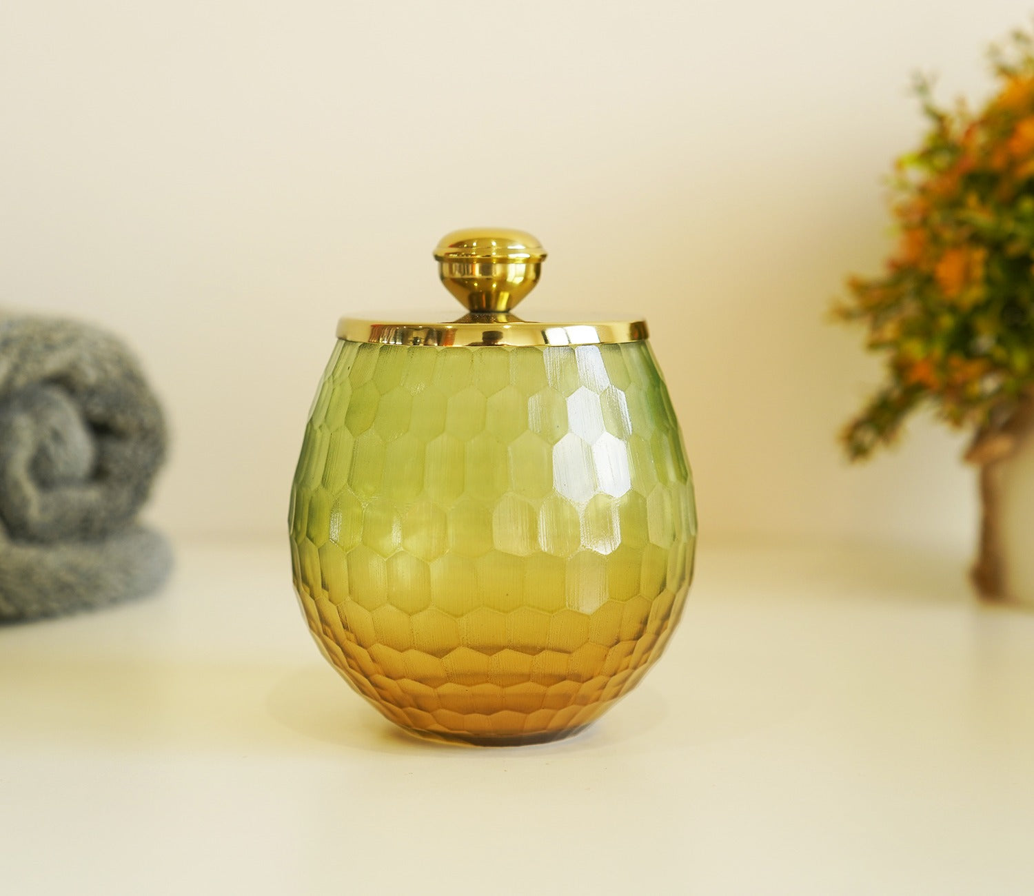 Sorrel Shady Green and Gold Glass Cotton Jar