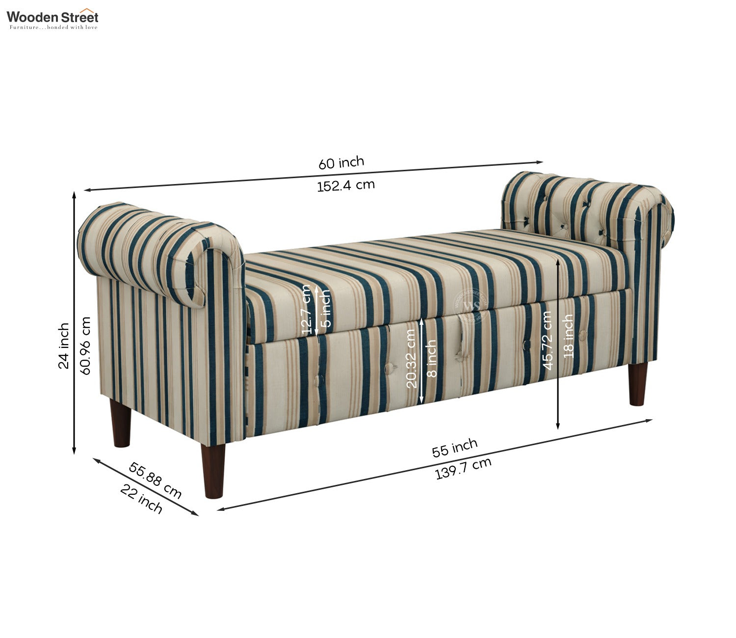 Velo Cushioned Hand Carved Sofa Bench With Hidden Storage (Blue Strip)