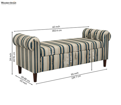 Velo Cushioned Hand Carved Sofa Bench With Hidden Storage (Blue Strip)