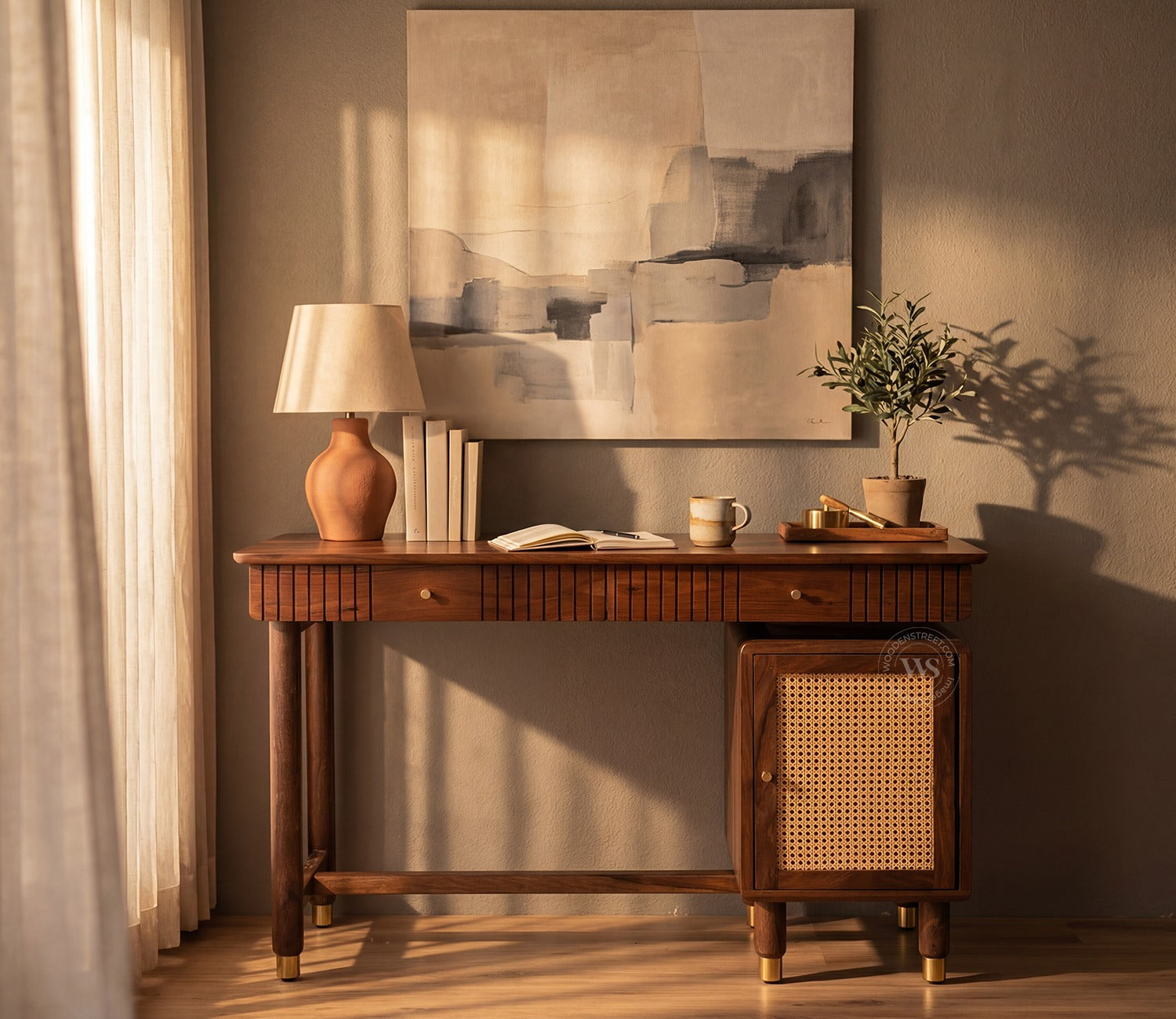Kalam Modern Designer Sheesham Wood Study Table with Cane Accents & Drawer Storage (Teak Finish)