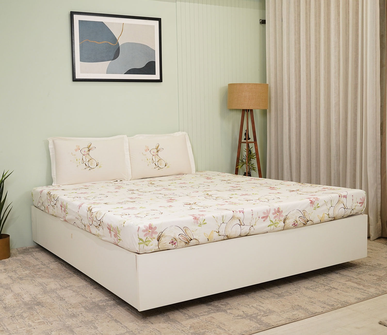 Rabbit Flat Cotton Kids Bed Sheet King Size with 2 Pillow Covers