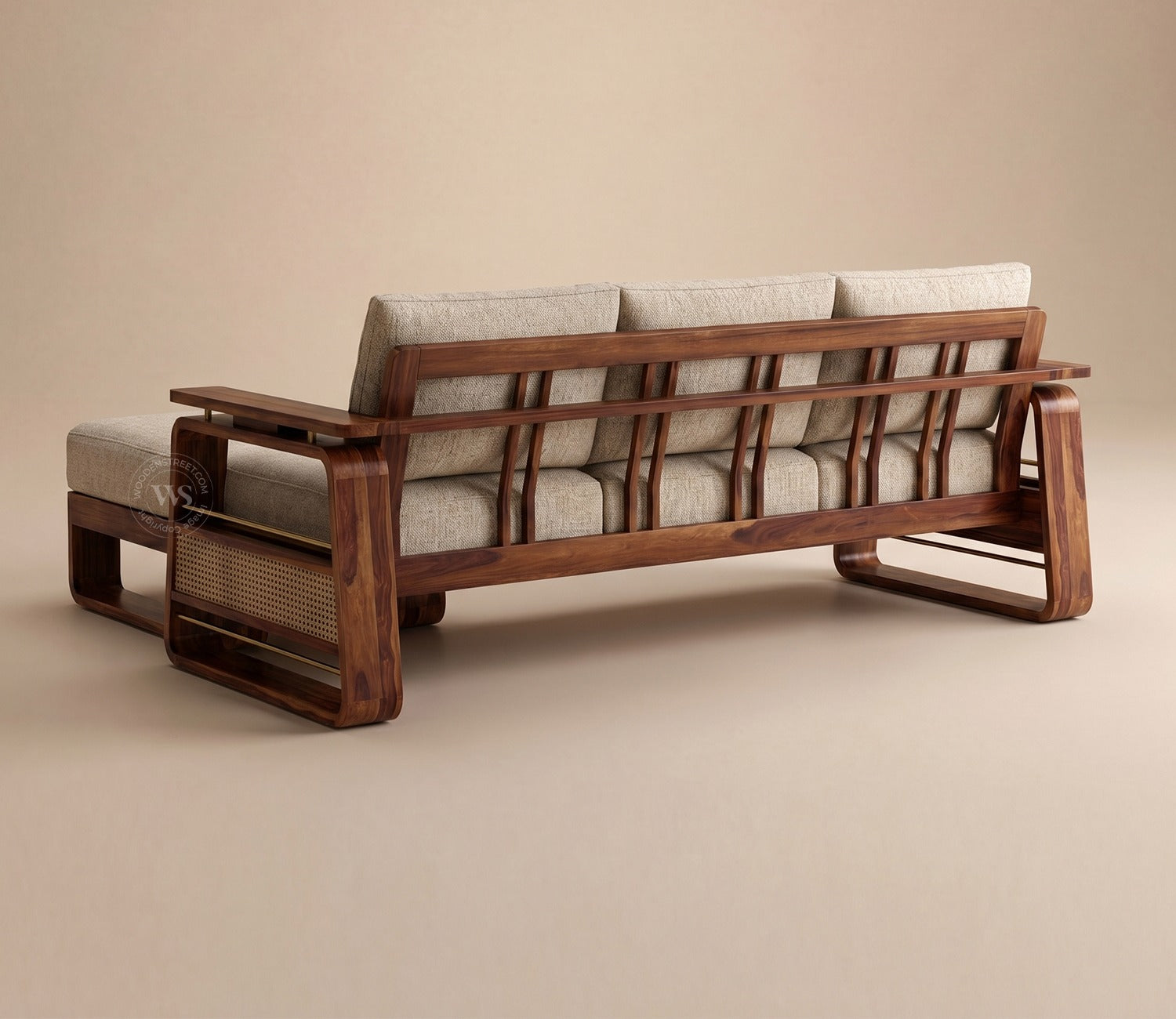 Vedic Sheesham Wood L Shape Left Align Sofa With Cane and Brass Detailing (Honey Finish, Jade Ivory)