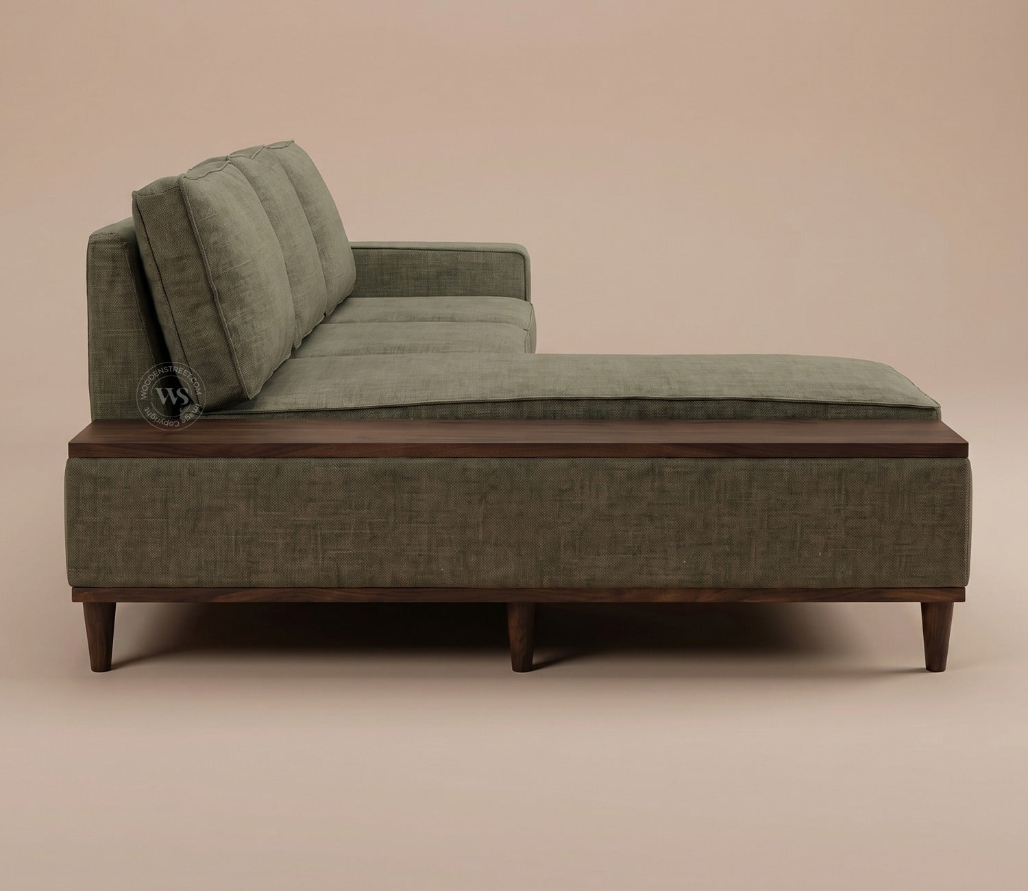 Ashion Premium Left Aligned L Shape Sofa with Built-in Side Wooden Deck (Sage Green)