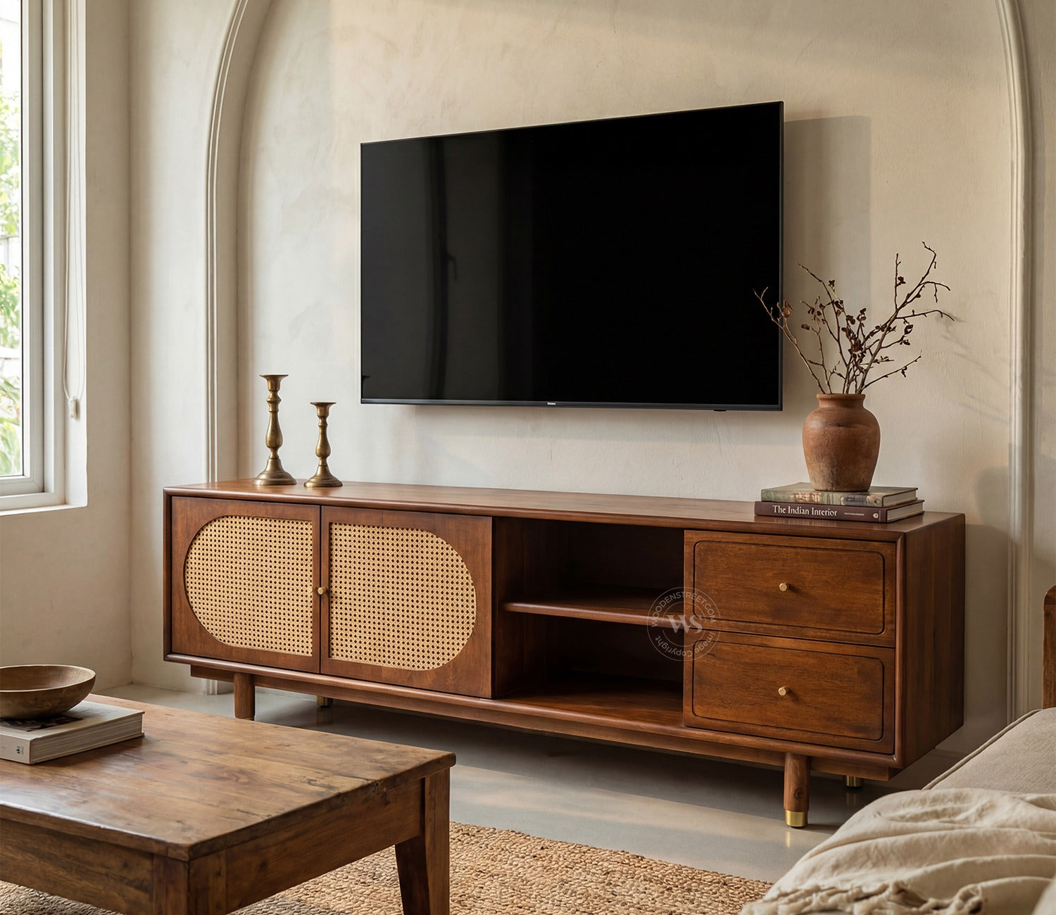 Gyana Premium Solid Wood TV Unit with Cane Panel Cabinet (Mango Wood, Teak Finish)