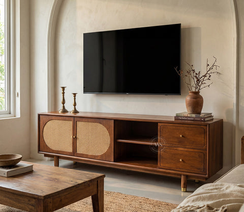 Gyana Premium Solid Wood TV Unit with Cane Panel Cabinet (Mango Wood, Teak Finish)