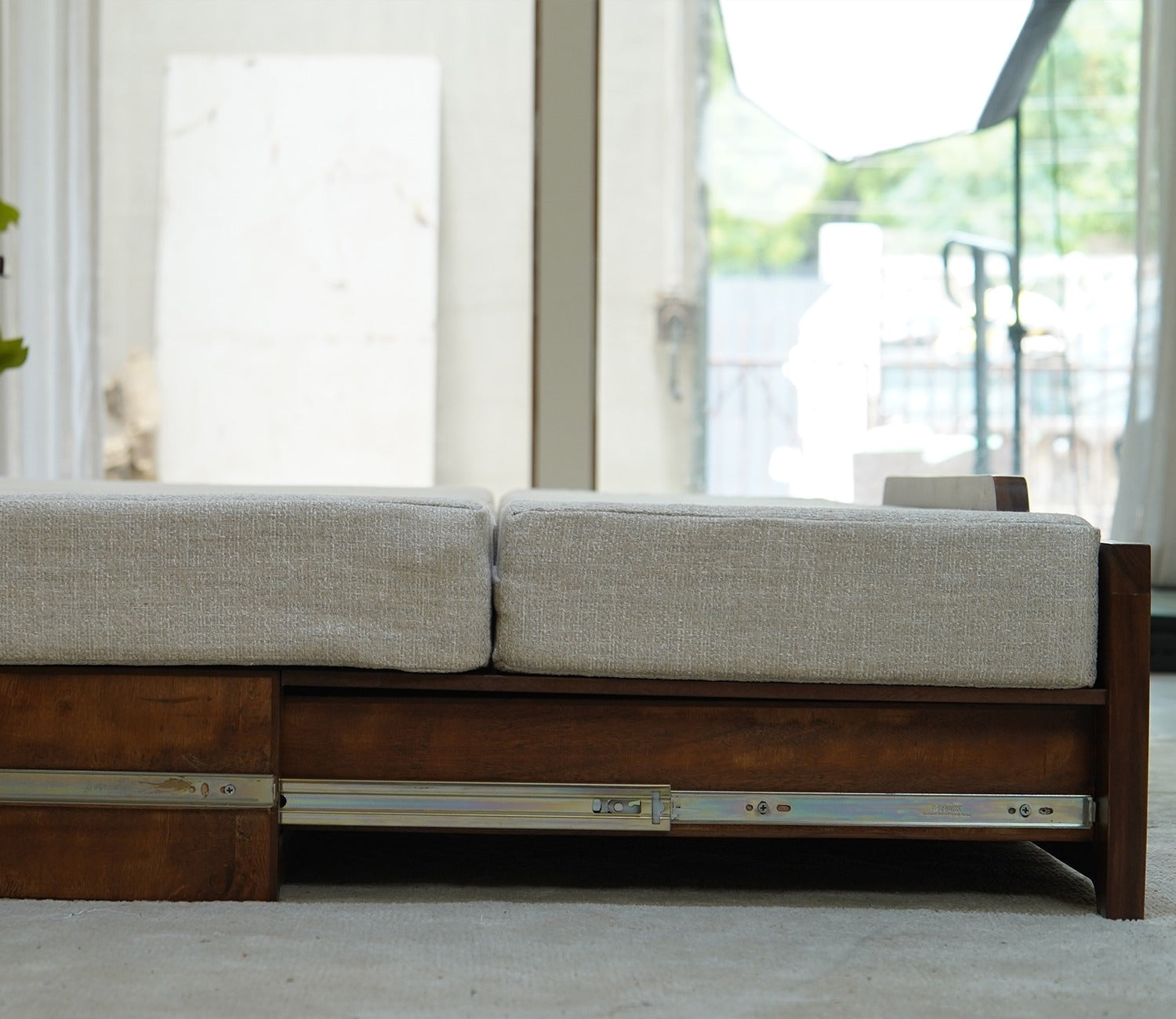 Ayaana Sheesham Wood 3 Seater Sofa Cum Bed with Cane Weaving | Opens to Double Bed (78x62) | Premium Upholstery | Sleeps 2 Adults (Teak Finish, Jade Ivory)