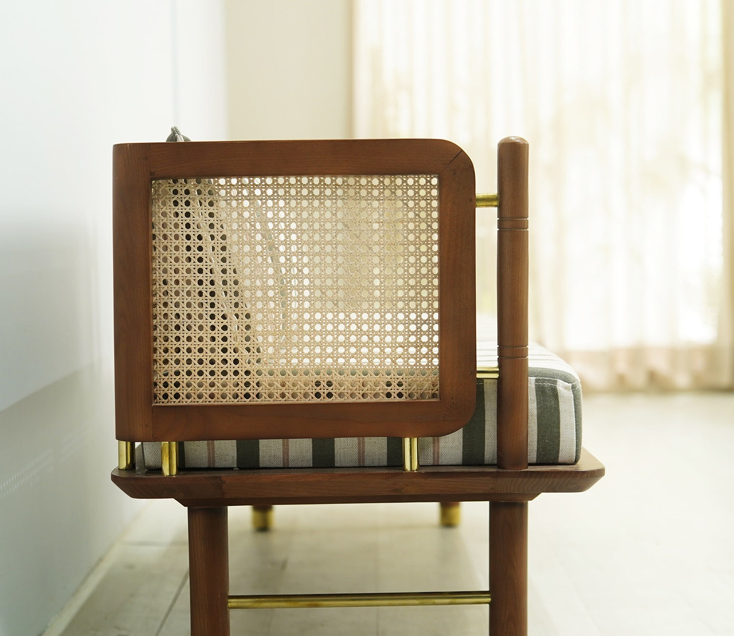 Shloka White Ash Wood Bench with Cane And Adjustable Back Cushioning (Green Stripes)
