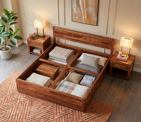 Brixton Sheesham Wood Bed With Box Storage (Queen Size, Honey Finish)