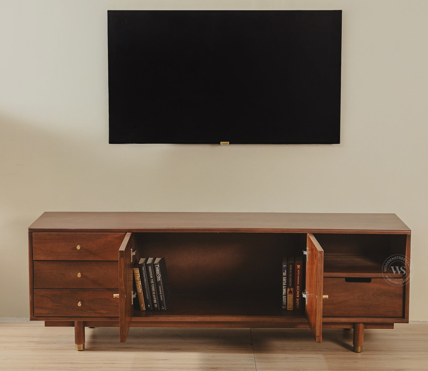 Eka Premium Mango Wood TV Unit with Natural Cane Detailing - Bohemian Contemporary Design (Teak Finish)