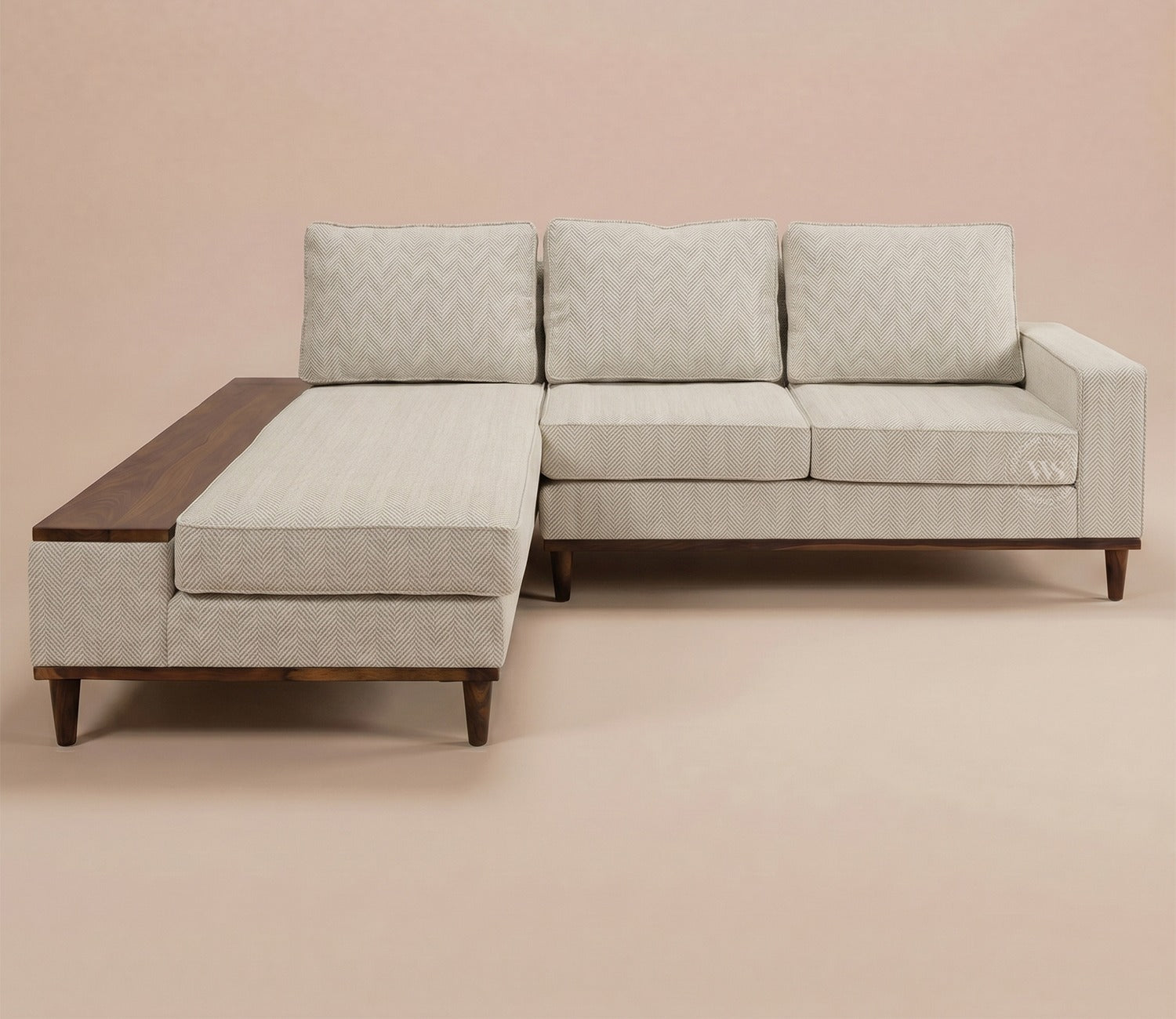 Ashion Premium Left Aligned L Shape Sofa with Built-in Side Wooden Deck (Cottage Ivory)