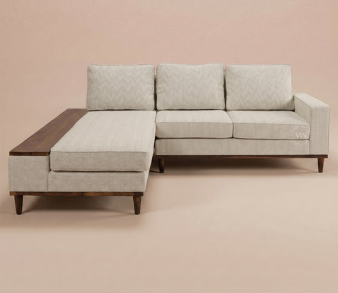 Ashion Premium Left Aligned L Shape Sofa with Built-in Side Wooden Deck (Cottage Ivory)