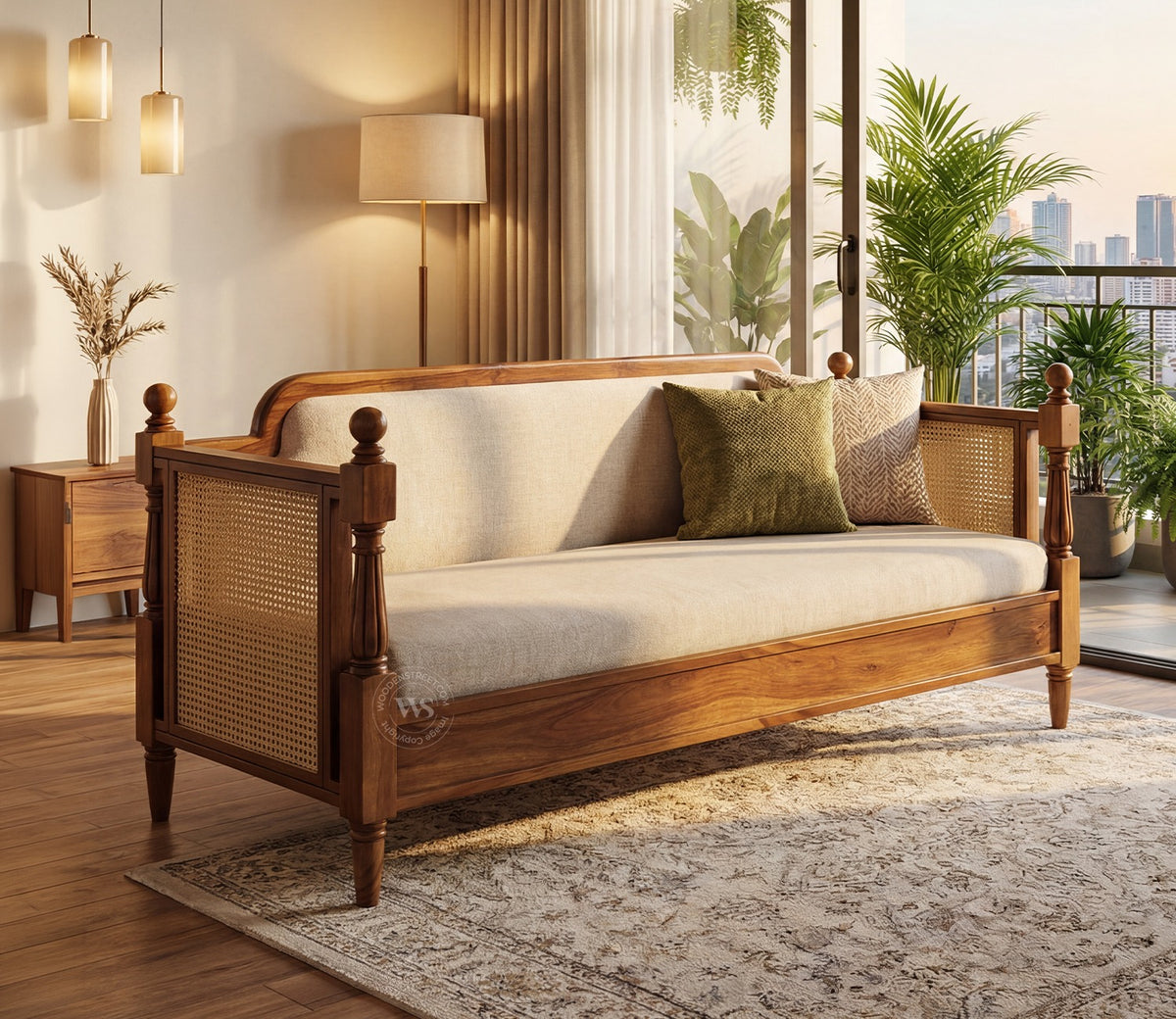 Dyuti Sheesham Wood and Cane Divan Bed with Jade Ivory Mattress (Teak Finish)