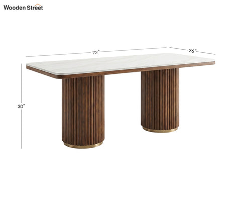 Pravaah 6 Seater Dining Set with Saumik Marble-Top Table and Fressia Upholstered Chair (Teak Finish, Cottage Ivory)