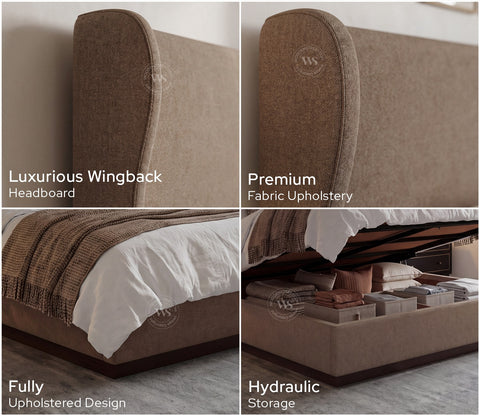 Adhiraj Luxurious Fabric Hydraulic Storage Bed with Plush Wingback Headboard (Queen Size, Sand Brown)