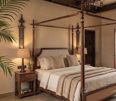 Samrat Sheesham Wood and Cane Upholstered Poster Bed Without Storage (King Size, Jade Ivory)