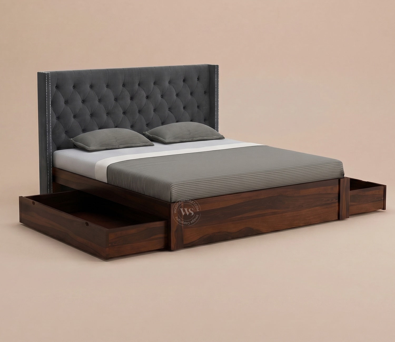 Drewno Sheesham Wood Upholstered Bed With Storage (Queen Size, Graphite Grey)