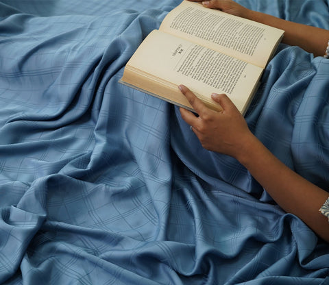 Dobby Checks Organic Bamboo 300 TC 2 Pillowcases and 1 Fitted Bedsheet (Blue, King Size)