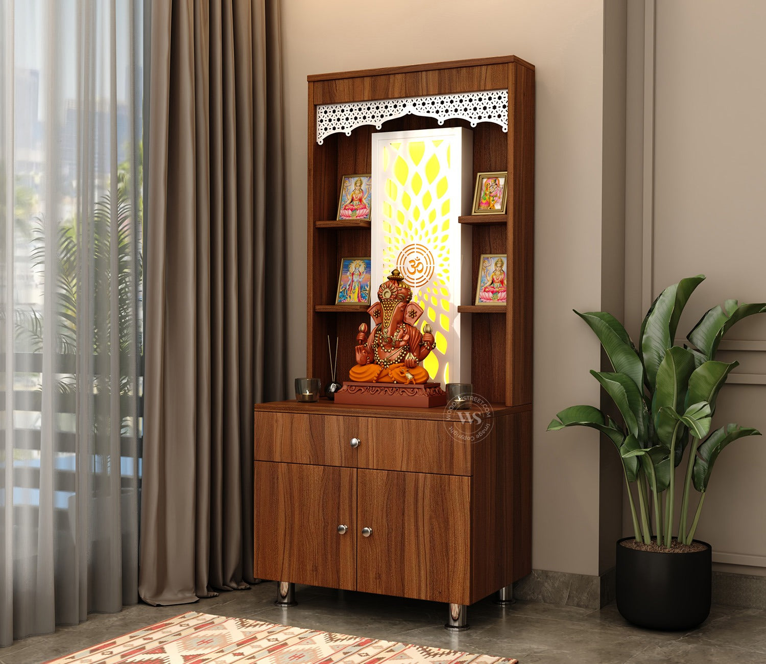 Vidyut Engineered Wood Home Temple With Inbuilt LED Light System (Exotic Teak)