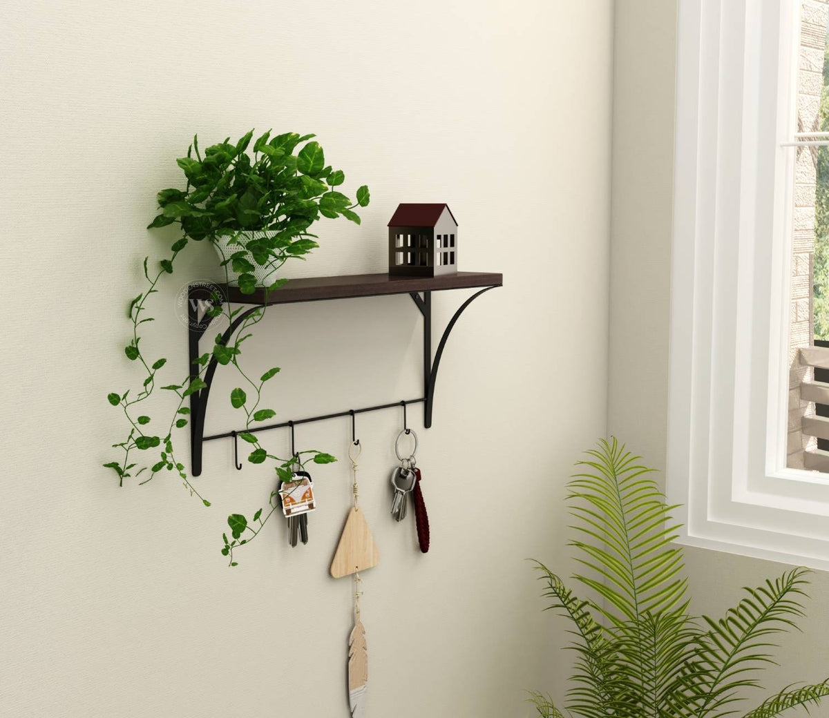 Hedwig Wooden Wall Mounted Shelf With 4 Hanging Metal Hooks, Multipurpose Wall Shelf For Living Room/Bedroom (Flowery Wenge)