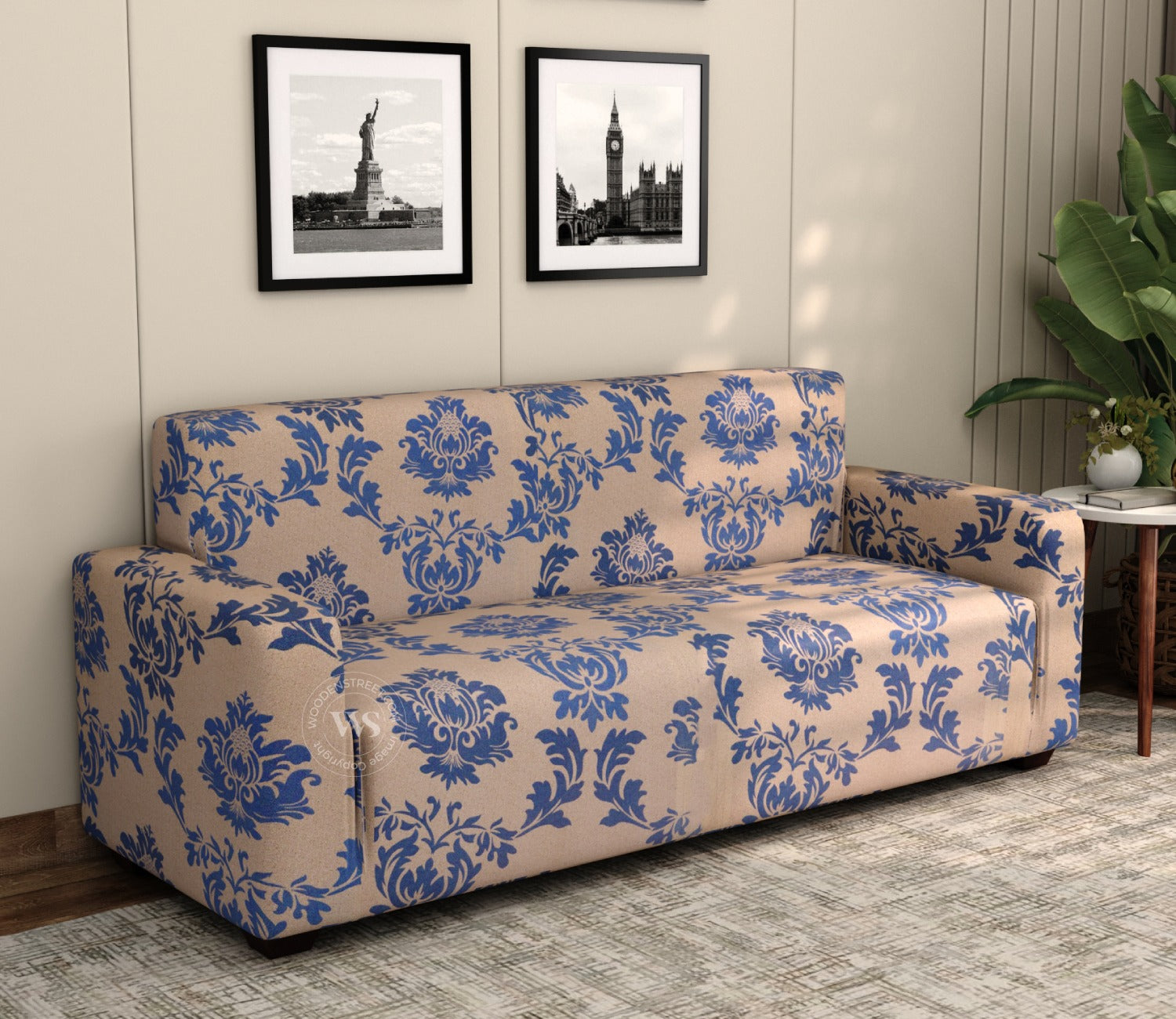 Grace Floral Printed Polyester Spandex 3 Seater Sofa Cover (Blue)
