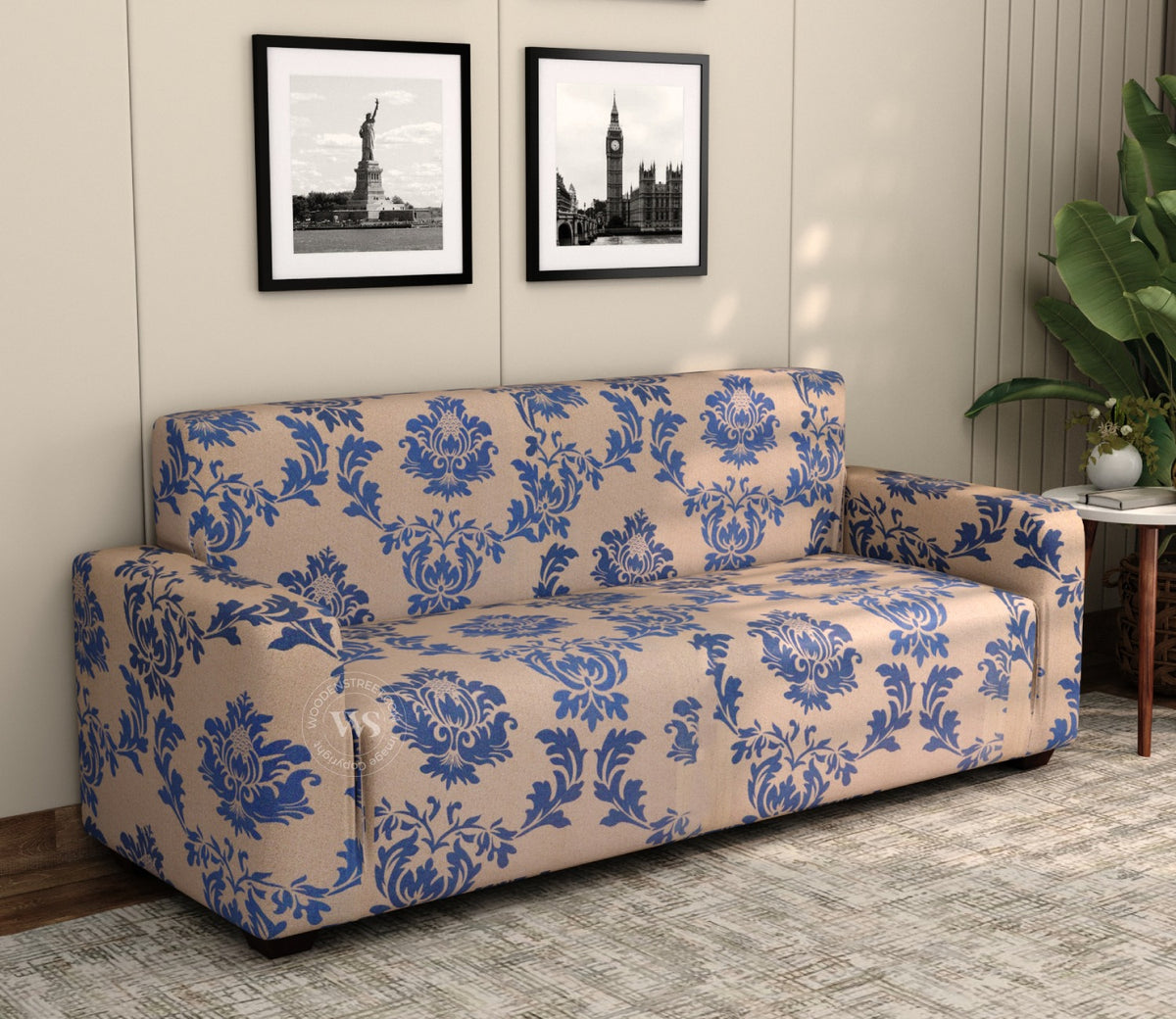 Grace Floral Printed Polyester Spandex 3 Seater Sofa Cover (Blue)