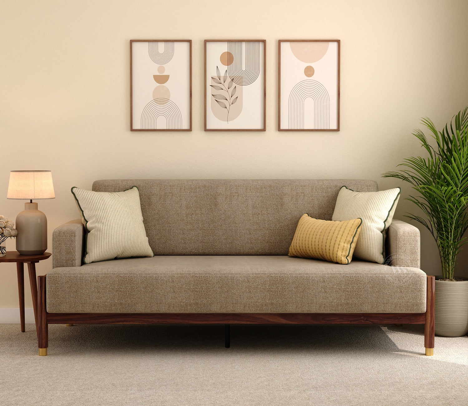Kairav Modern 3 Seater Wooden Sofa with Premium Upholstery (Pebble Beige)