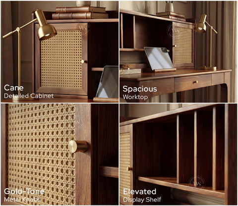 Nirman Sheesham Wood Study Table with Storage & Cane Cabinet (Teak Finish)