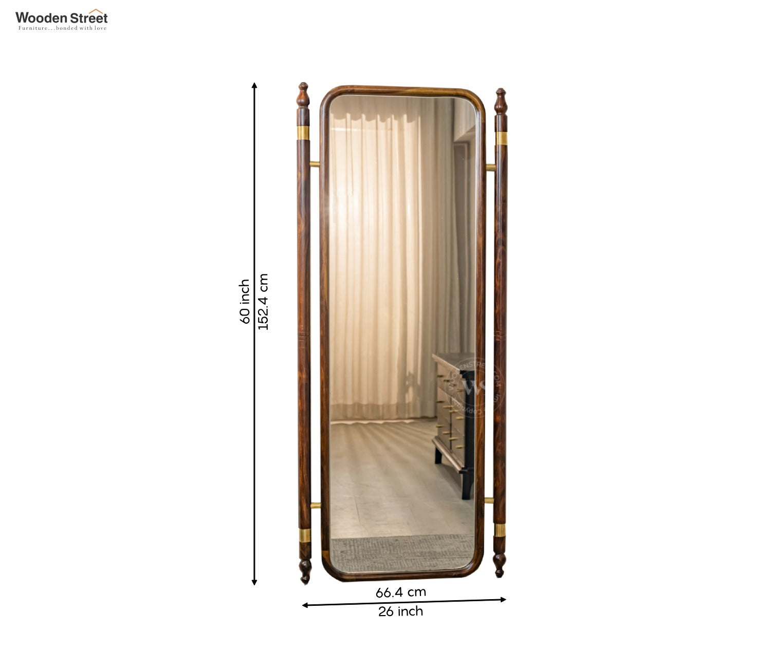Skyler Antique Sheesham Wood Full Length Mirror With Brass Design (Walnut Finish)