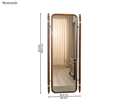 Skyler Antique Sheesham Wood Full Length Mirror With Brass Design (Walnut Finish)